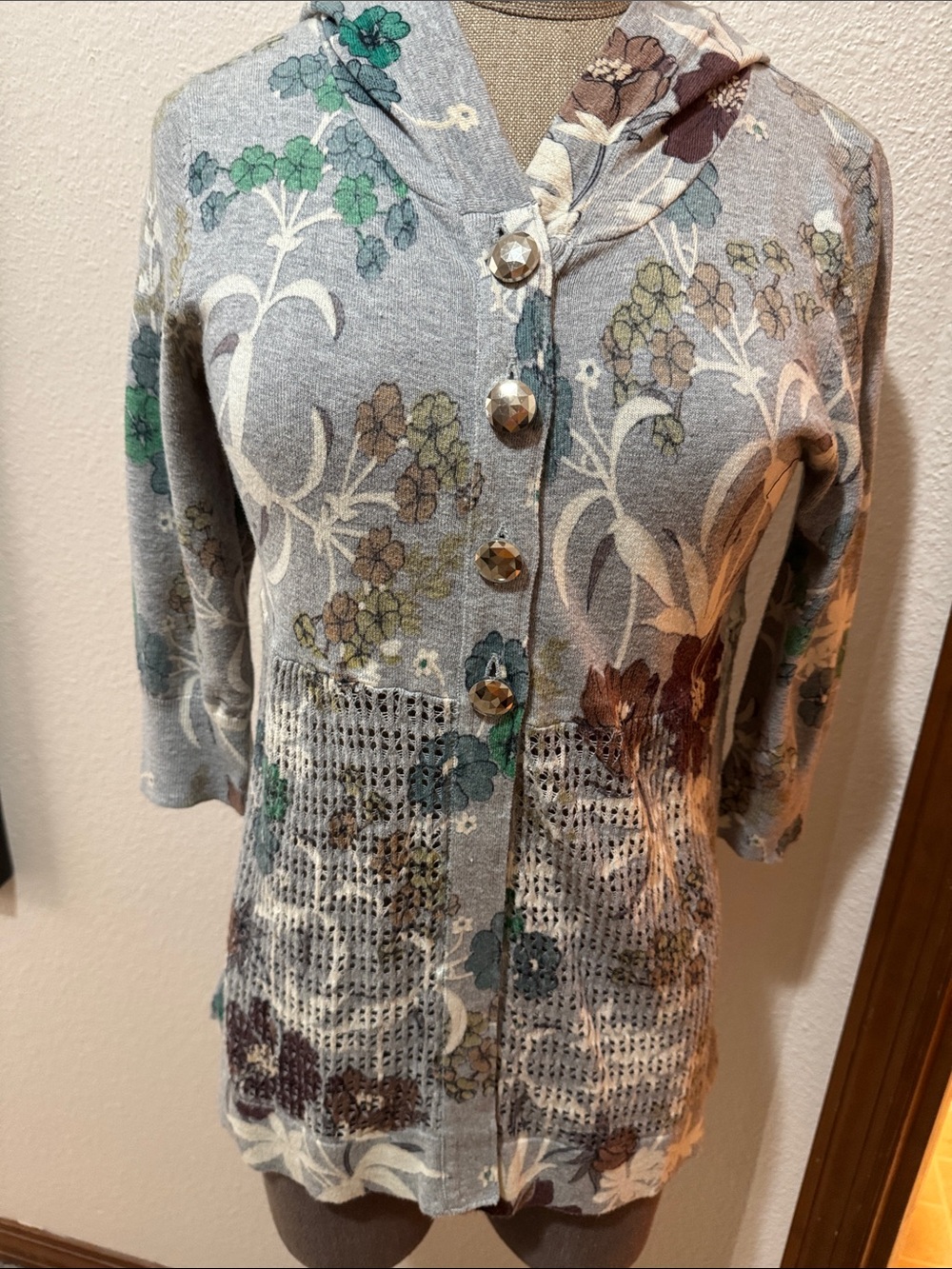 Vintage Floral Button-Front Hooded Cardigan Sweater - Gray
